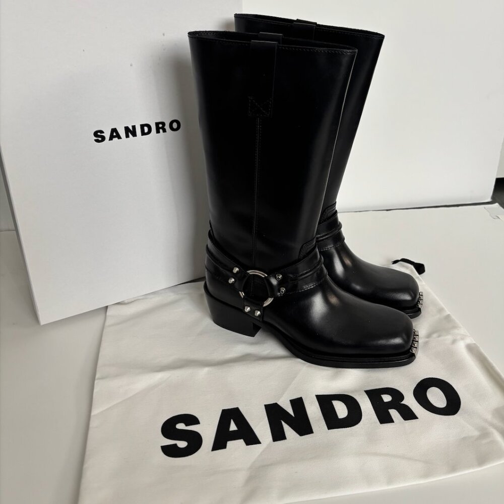 Sandro black cowboy leather boots with leather harness 39 women's New